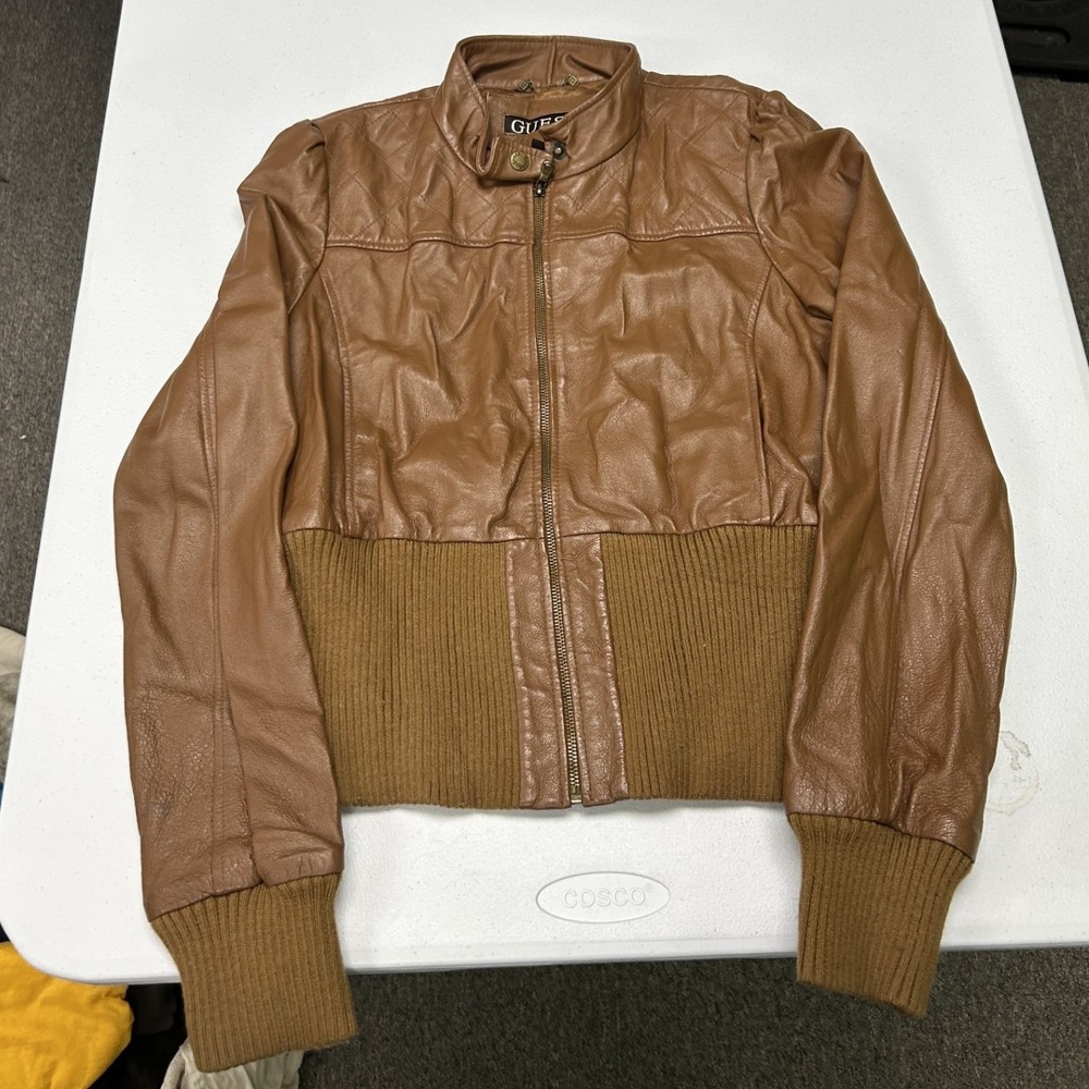 Guess Bomber Jacket Womens XL Brown Genuine Leather Ribbed Knit Quilted Q735L808
